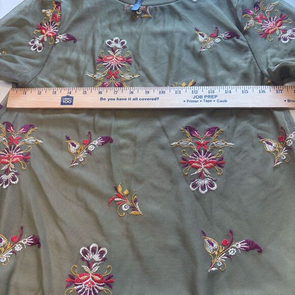 Massini Olive Green Mesh Women's Top Multicolor Floral Embroidery Layered Size S - Picture 6 of 10